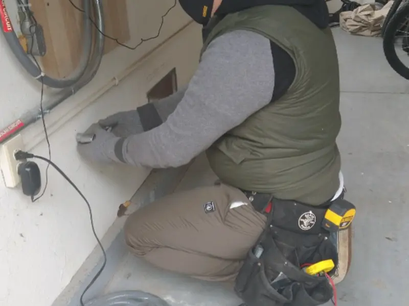 Electrician performing outlet wiring in a Austin garage